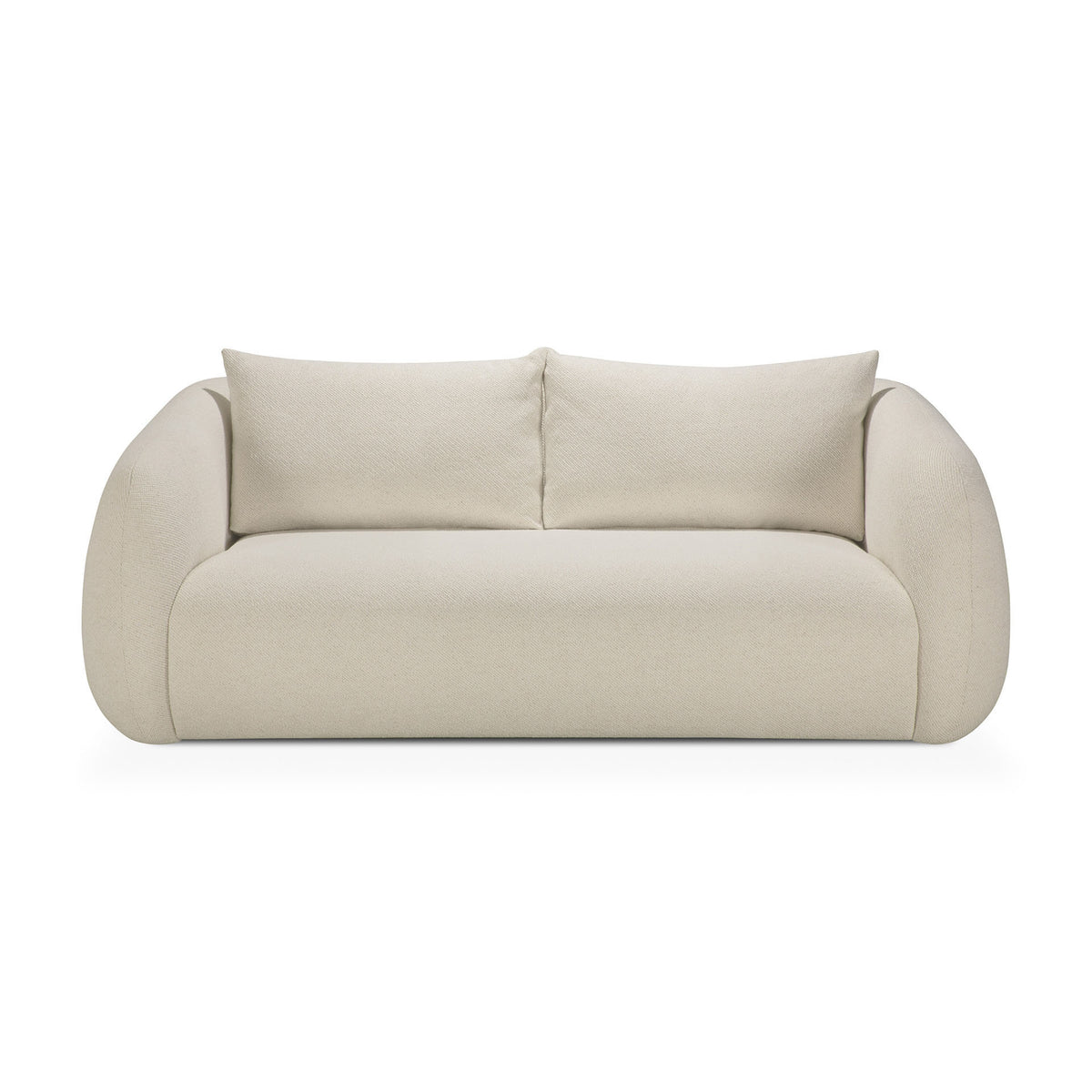 The Ethnicraft Figur Sofa | 2 seater is a modern piece in light beige, featuring rounded armrests and two generous back cushions. Shown from the front against a white background, it serves as an ideal centerpiece for contemporary living spaces.