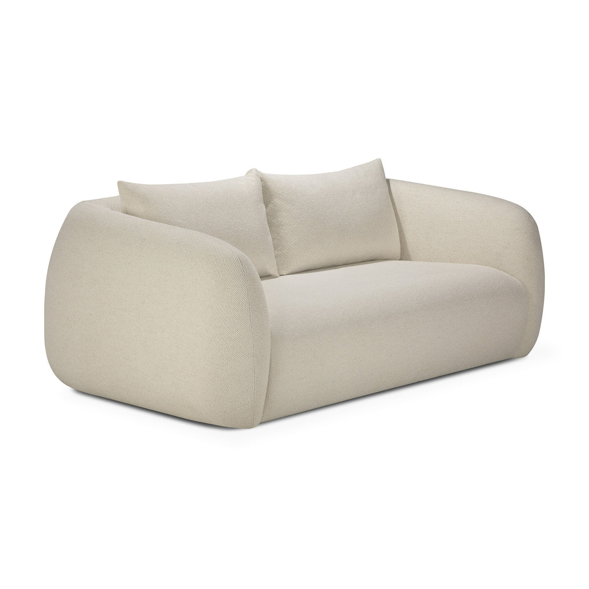 The Figur Sofa | 2 seater by Ethnicraft features a soft, minimalist design in light beige, with rounded, oversized arms and backrest, complemented by two matching back cushions. This modern loveseat sits directly on the floor without visible legs, making it an ideal addition to contemporary living spaces.