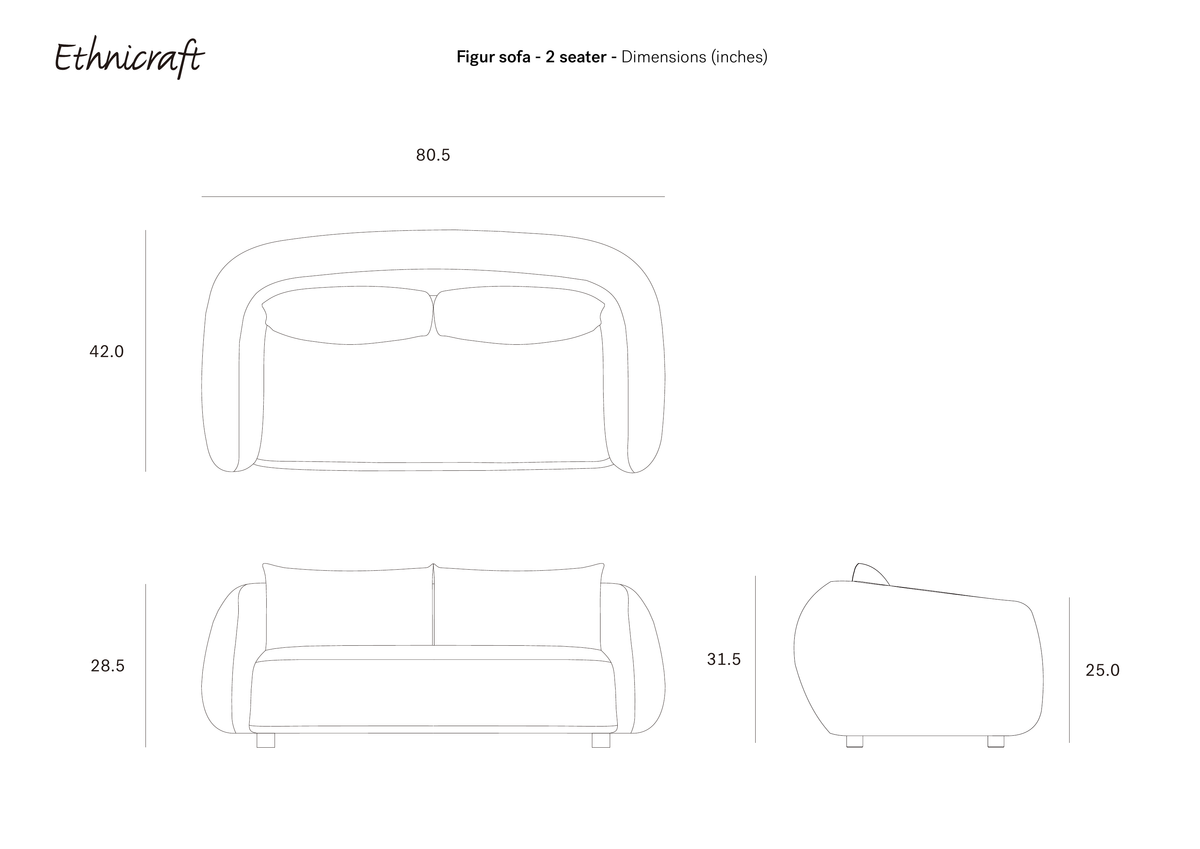 Line drawings of the Ethnicraft Figur Sofa | 2 seater—a stylish option for modern interiors—are displayed from the front, side, and top, with dimensions labeled in inches: 80.5″ wide, 42.0″ deep, back height 28.5″, seat width 31.5″, and seat depth 25.0″.