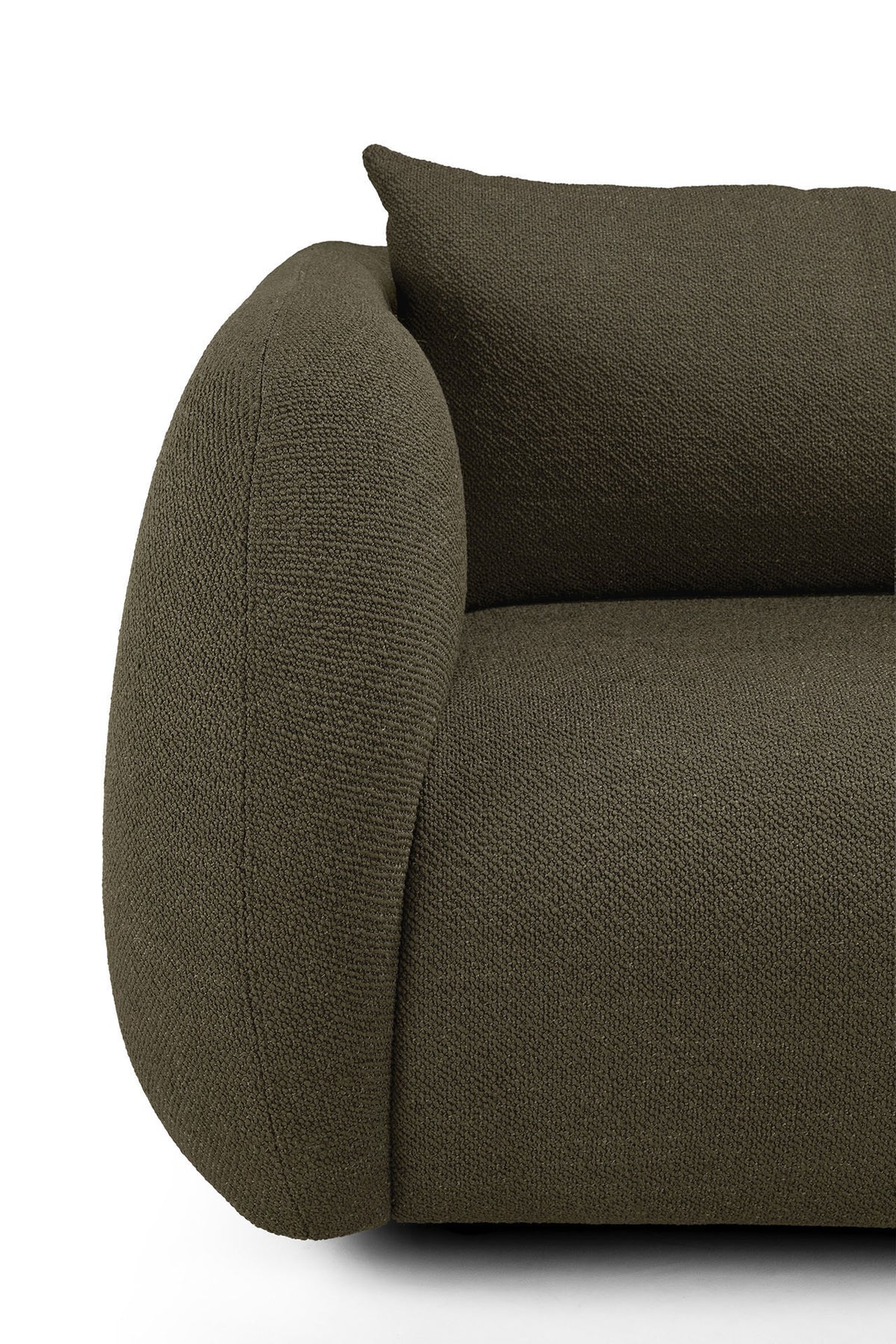 Close-up of the left armrest and cushion of the Ethnicraft Figur Sofa | 3 Seater—crafted in dark olive green textured fabric with rounded, plush contours—an inviting piece perfect for contemporary living.