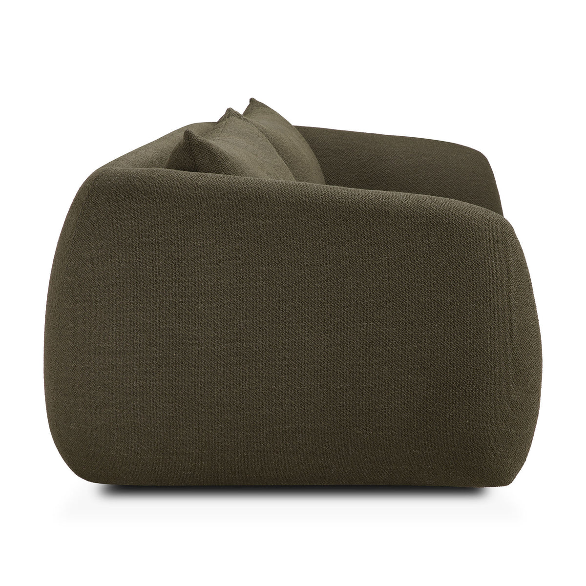 A side view of the Ethnicraft Figur Sofa | 3 Seater in dark green, featuring rounded edges and a plush, modern design, displayed against a plain white background—ideal for enhancing any contemporary living space.