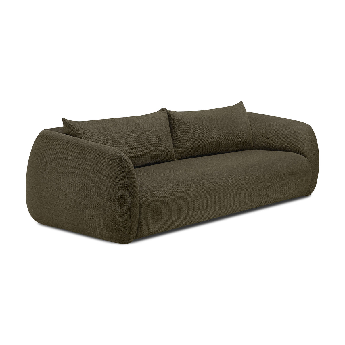 A modern, dark olive green Ethnicraft Figur Sofa | 3 Seater featuring a minimalist design, curved arms, and two matching back cushions—perfect for elevating any contemporary living space; set against a white background.