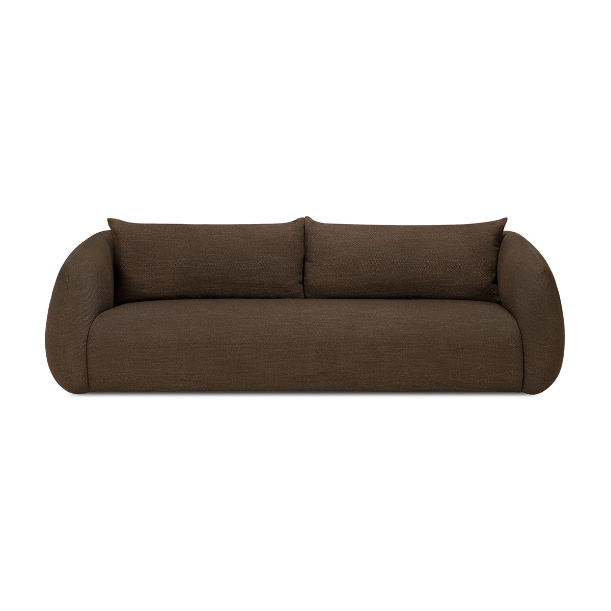 A modern dark brown Figur Sofa | 3 Seater by Ethnicraft, featuring rounded armrests and two matching back cushions, displayed against a plain white background—ideal for contemporary living spaces.