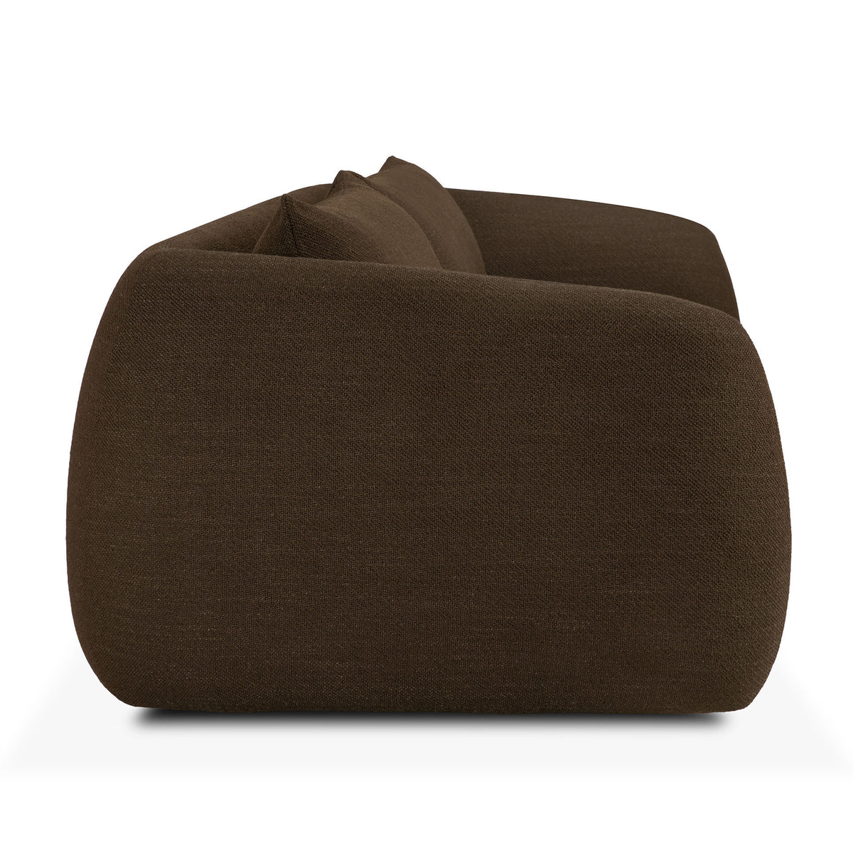 Side view of a modern, low-profile Figur Sofa | 3 Seater by Ethnicraft, showcasing dark brown fabric with rounded edges and a plush, cushioned design—an ideal choice for contemporary living against a white background.