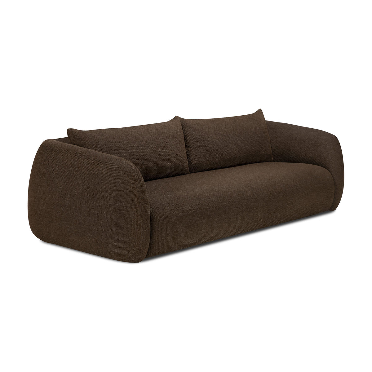 A contemporary, dark brown Figur Sofa | 3 Seater by Ethnicraft features rounded edges, minimalist design, thick armrests, and two large back cushions—perfect for elevating any modern living space with Ethnicraft’s signature style.