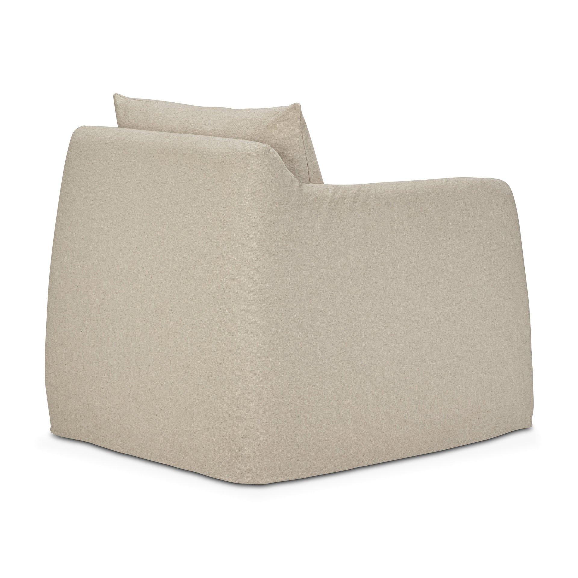 The Weave Lounge Chair - Bone by Ethnicraft is a modern, minimalist lounge chair in light beige linen-blend fabric, featuring a boxy shape with soft edges and an angled backrest, shown from a rear side angle.