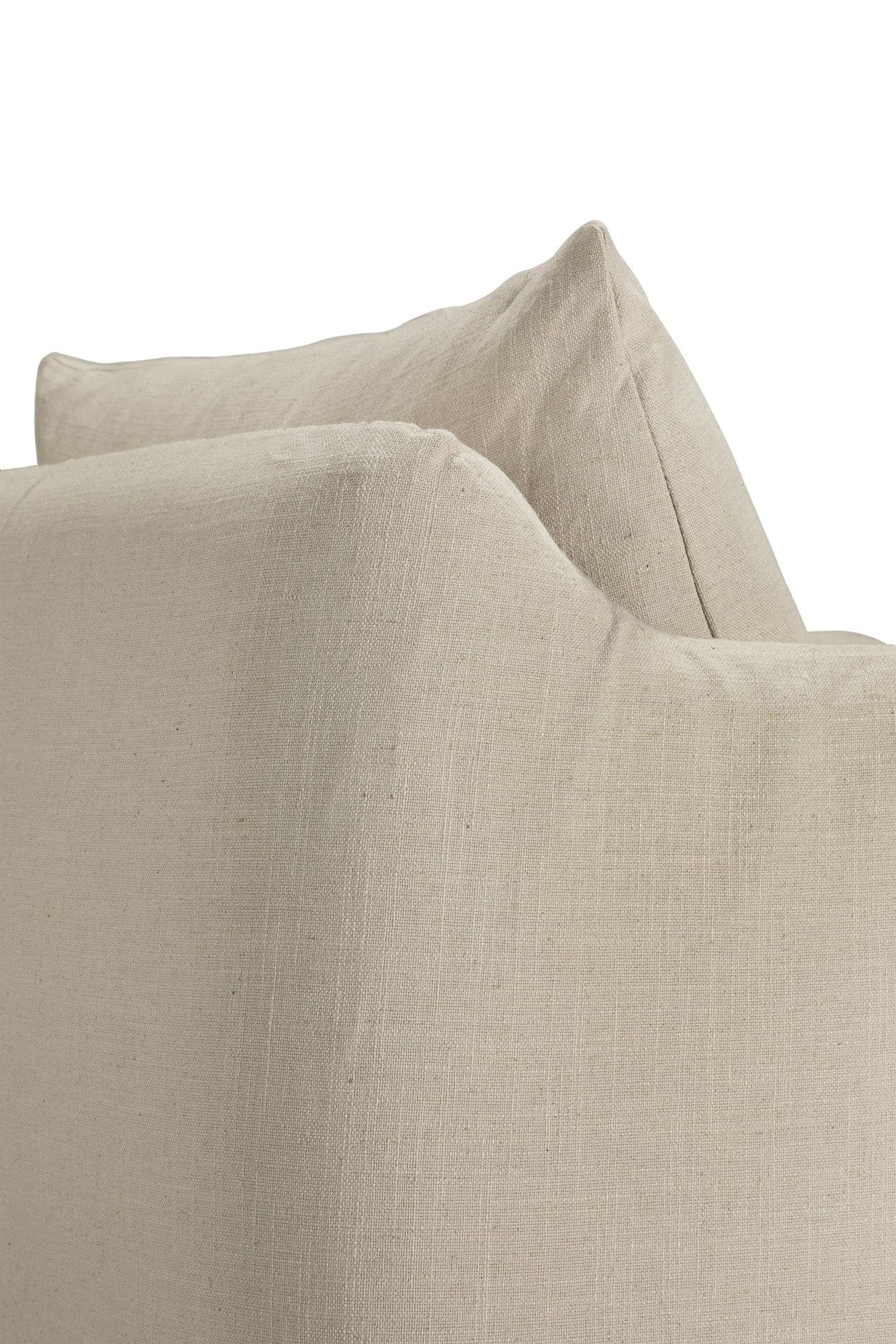 Close-up view of the upper back and corner of the Ethnicraft Weave Lounge Chair - Bone, featuring two angled back cushions, set against a white background.