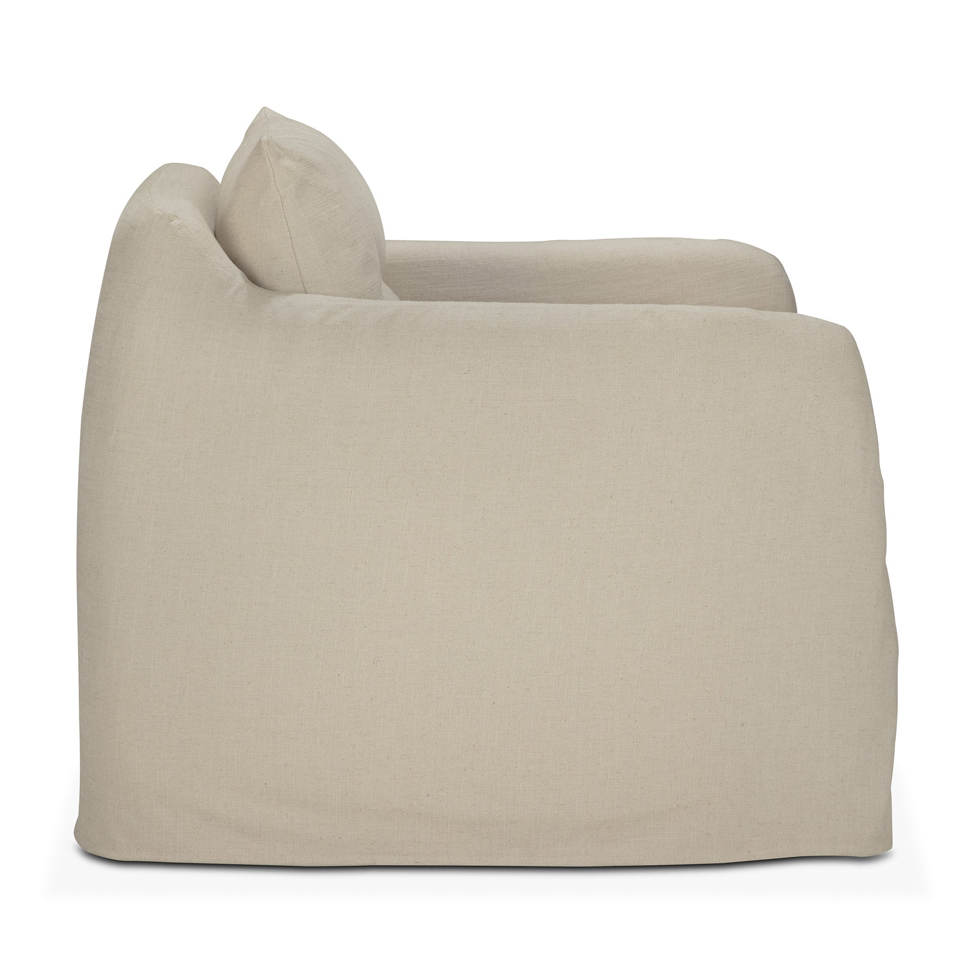 Side view of the Ethnicraft Weave Lounge Chair - Bone, featuring a modern, overstuffed design and soft beige linen-blend upholstery, displayed against a white background.