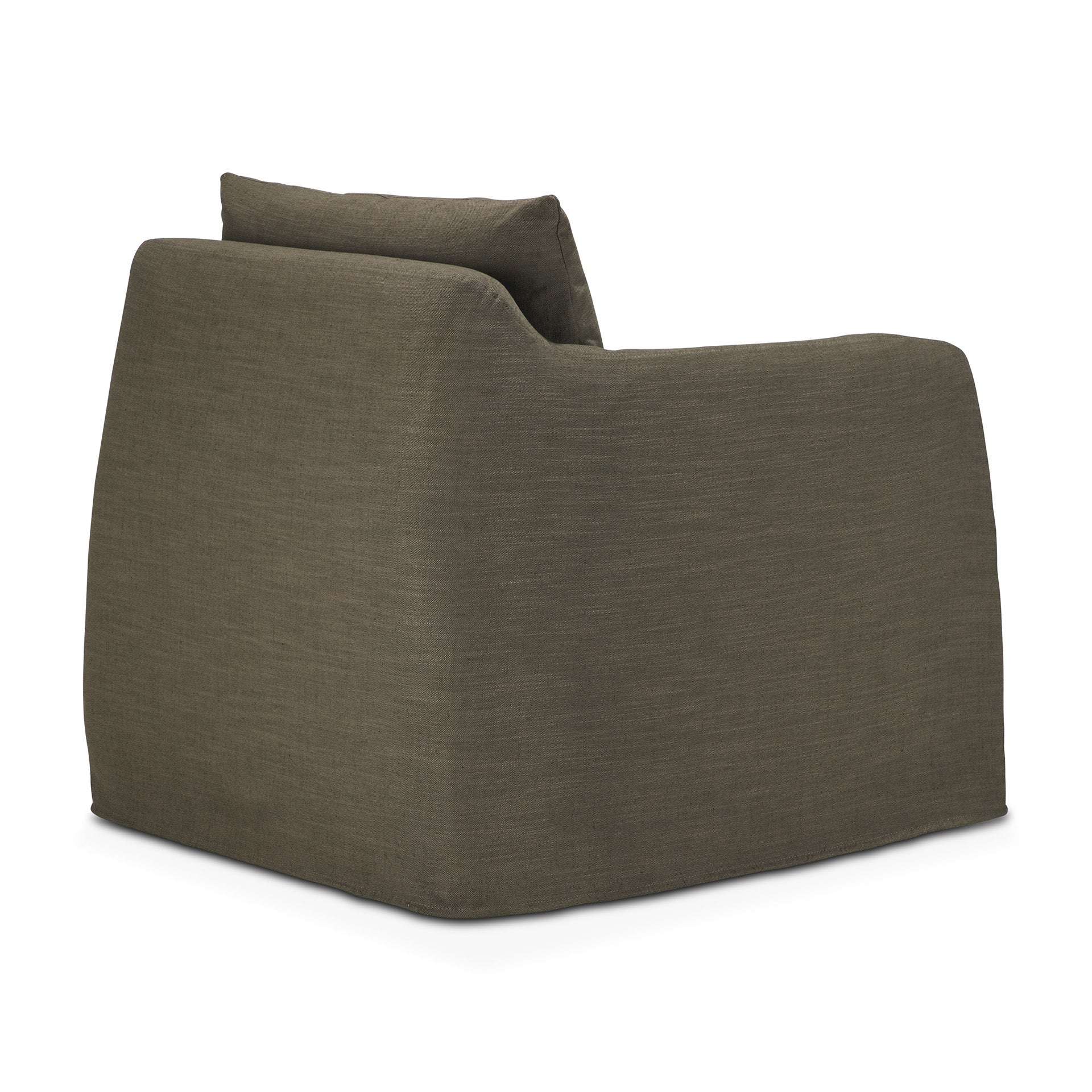 The Ethnicraft Weave Lounge Chair - Green is a modern, armless slipcover chair with matte olive-green linen-blend upholstery, a plush back cushion, and a smooth boxy silhouette, shown from the rear against a white background.
