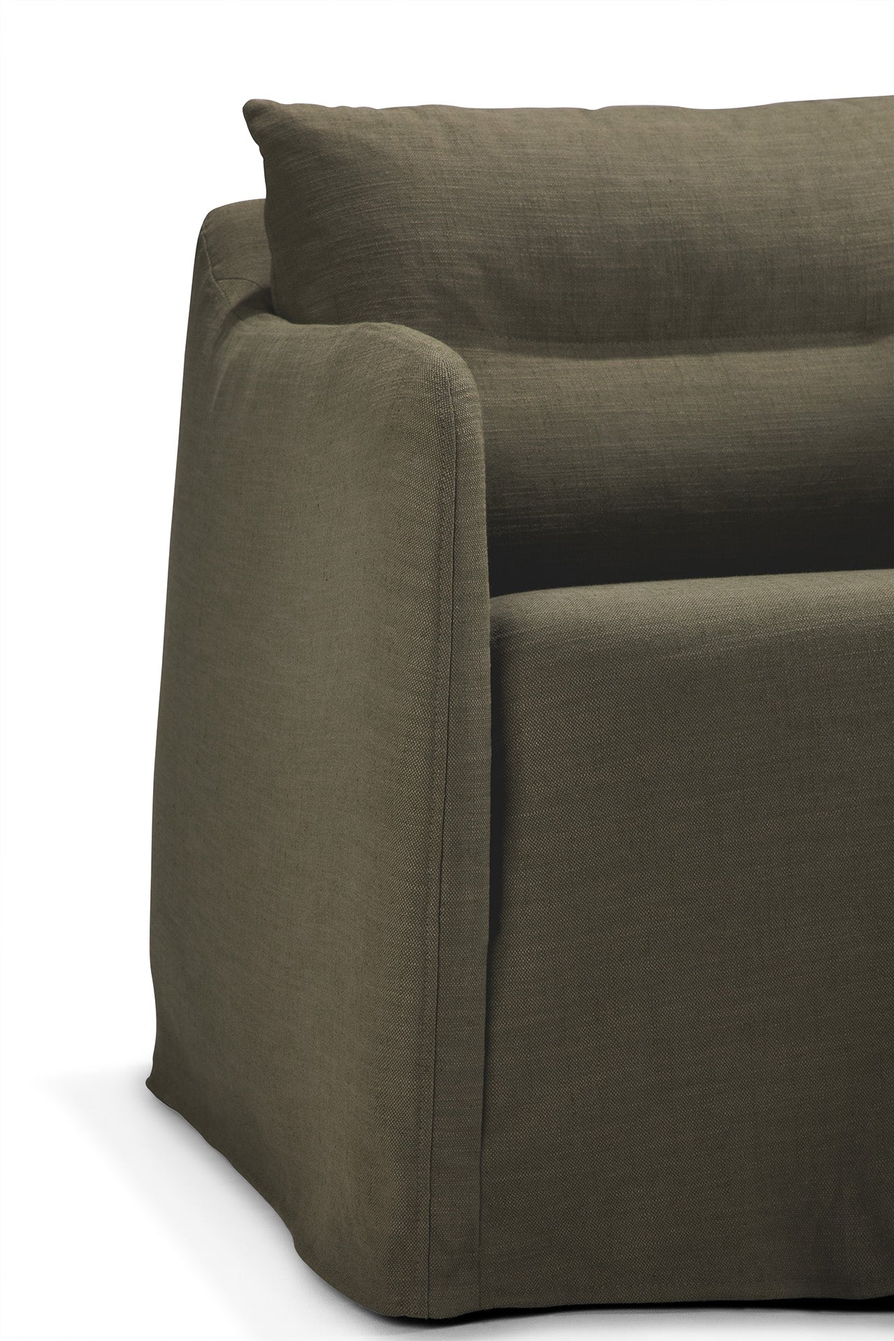 A close-up of the Ethnicraft Weave Lounge Chair - Green, featuring olive green upholstery, a soft cushioned back, and rounded armrests, set against a plain white background.