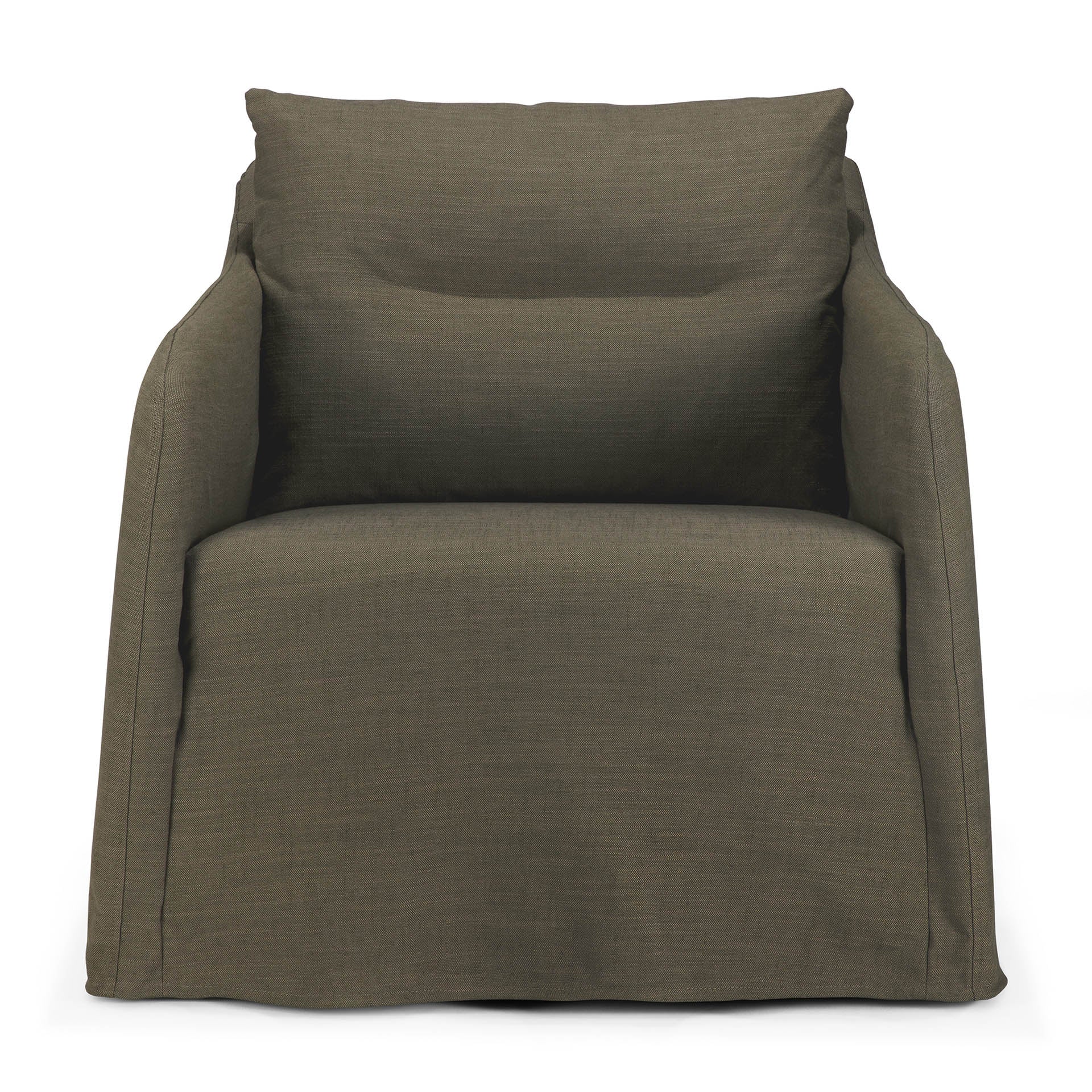 The Ethnicraft Weave Lounge Chair in green features a modern slipcover design with a deep seat and backrest, upholstered in olive green linen-blend fabric for a cozy, inviting look—ideal for relaxing spaces.