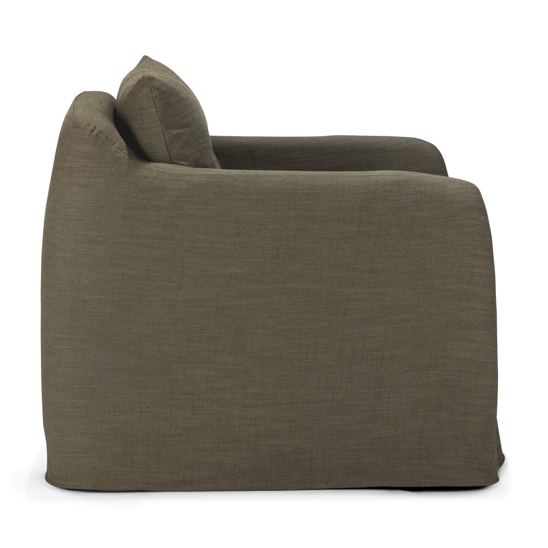 Side view of the Ethnicraft Weave Lounge Chair in green, featuring a plush slipcover, linen-blend upholstery, slightly reclined backrest, and wide seat cushion, displayed against a plain white background.