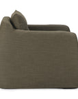 Side view of the Ethnicraft Weave Lounge Chair in green, featuring a plush slipcover, linen-blend upholstery, slightly reclined backrest, and wide seat cushion, displayed against a plain white background.