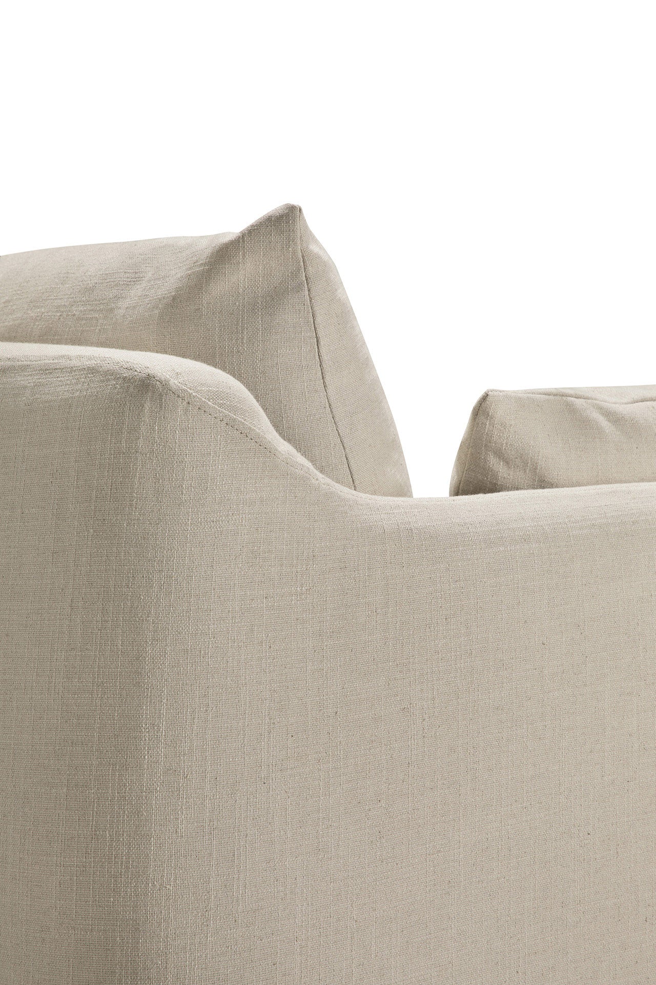 Close-up of the back and armrest of the Ethnicraft Weave sofa in Bone, featuring linen-blend upholstery, soft cushions, and clean lines—an ideal choice for relaxed living against a white background.