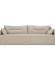 The Ethnicraft Weave Sofa - Bone is a modern beige slipcover design with two large seat cushions, two back cushions, and two side pillows in soft linen-blend fabric, all styled for a relaxed look.