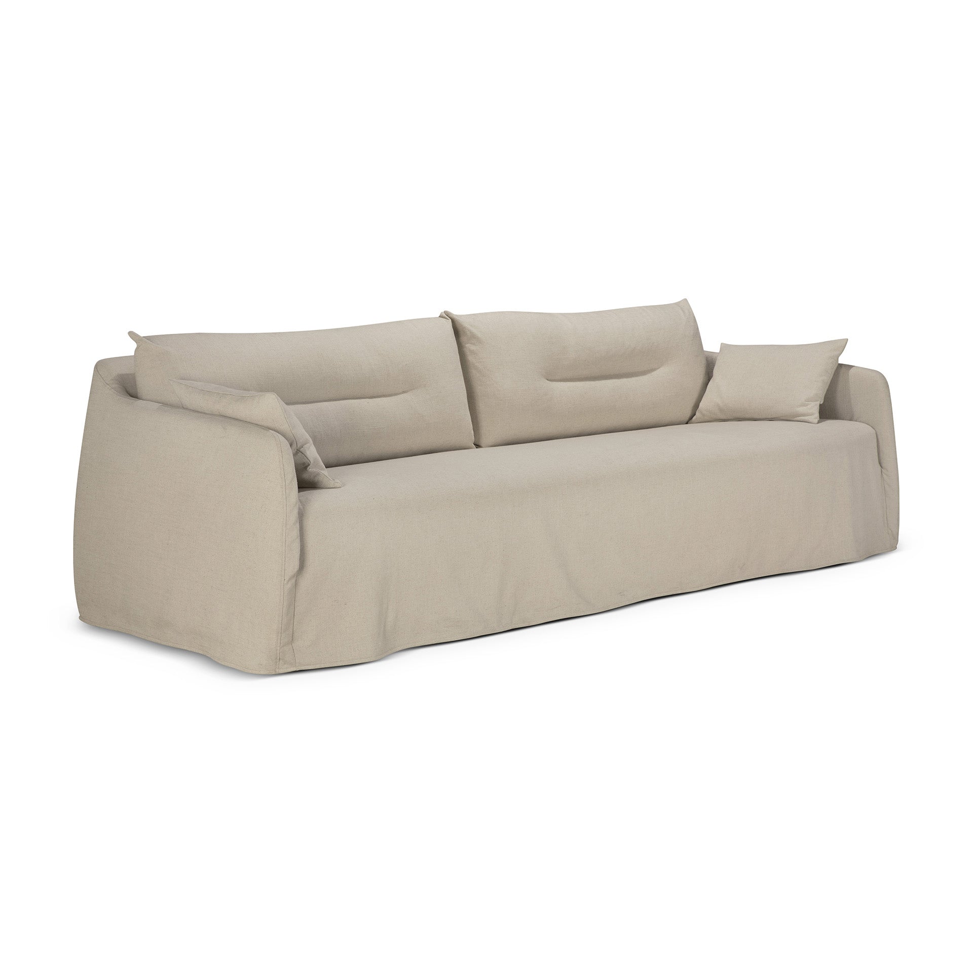 The Ethnicraft Weave Sofa - Bone is a modern beige sofa in linen-blend fabric, with a relaxed, overstuffed look, three seat cushions, three rectangular back pillows, and a smaller side pillow on each end.