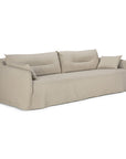 The Ethnicraft Weave Sofa - Bone is a modern beige sofa in linen-blend fabric, with a relaxed, overstuffed look, three seat cushions, three rectangular back pillows, and a smaller side pillow on each end.