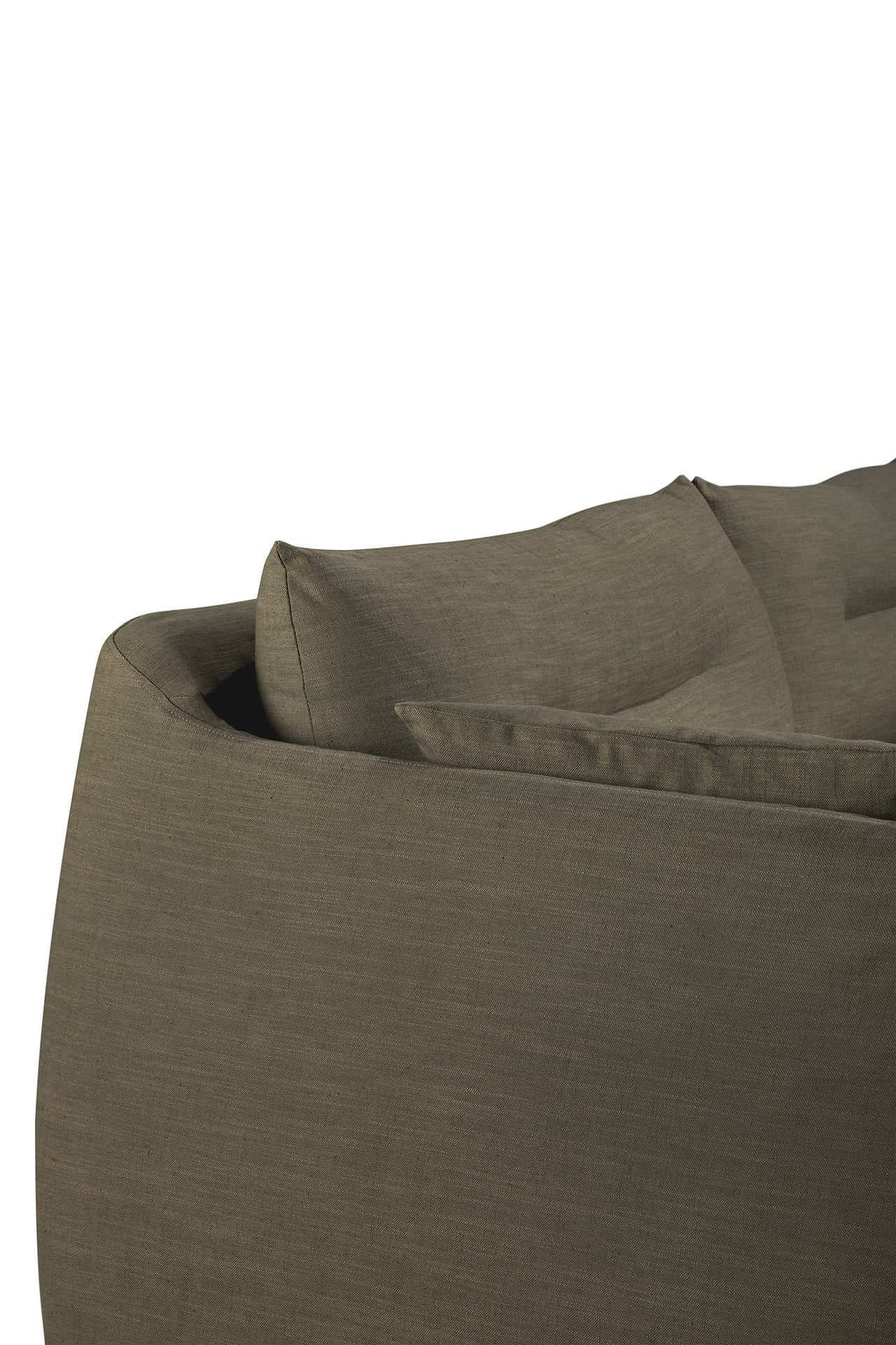Close-up of the Ethnicraft Weave Sofa in green, featuring linen blend upholstery and soft, plush back cushions with a gently rounded shape, designed for relaxed comfort against a white background.