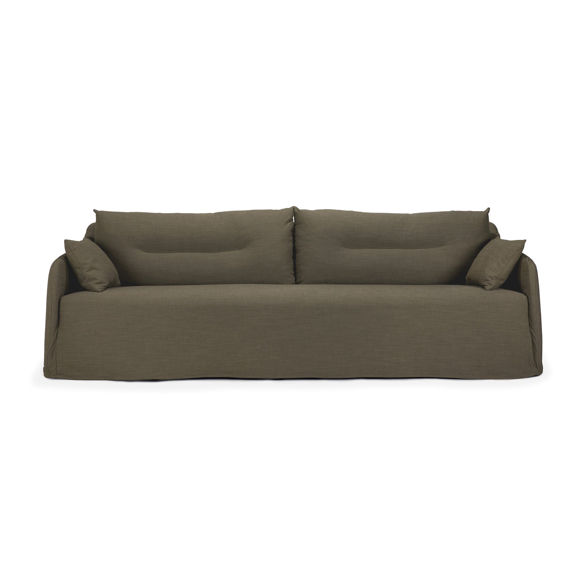 The Weave Sofa - Green by Ethnicraft features a modern minimalist design with plush seat and back cushions in linen-blend upholstery and two matching throw pillows, making it perfect for relaxed living. Shown here against a white background.