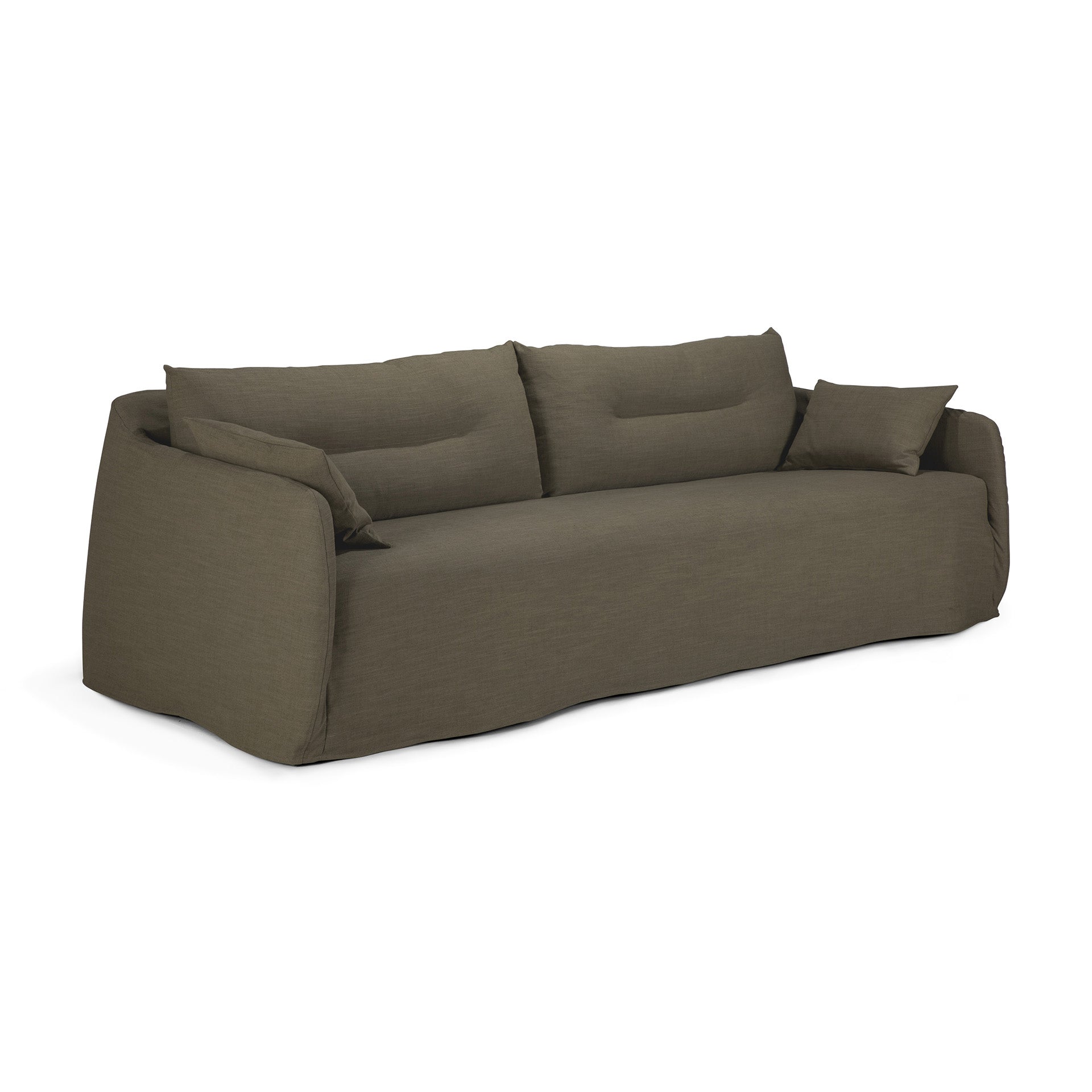 The Ethnicraft Weave Sofa - Green is a modern fabric sofa with wide armrests, plush back cushions, and a matching throw pillow in linen blend upholstery, shown against a plain white background.
