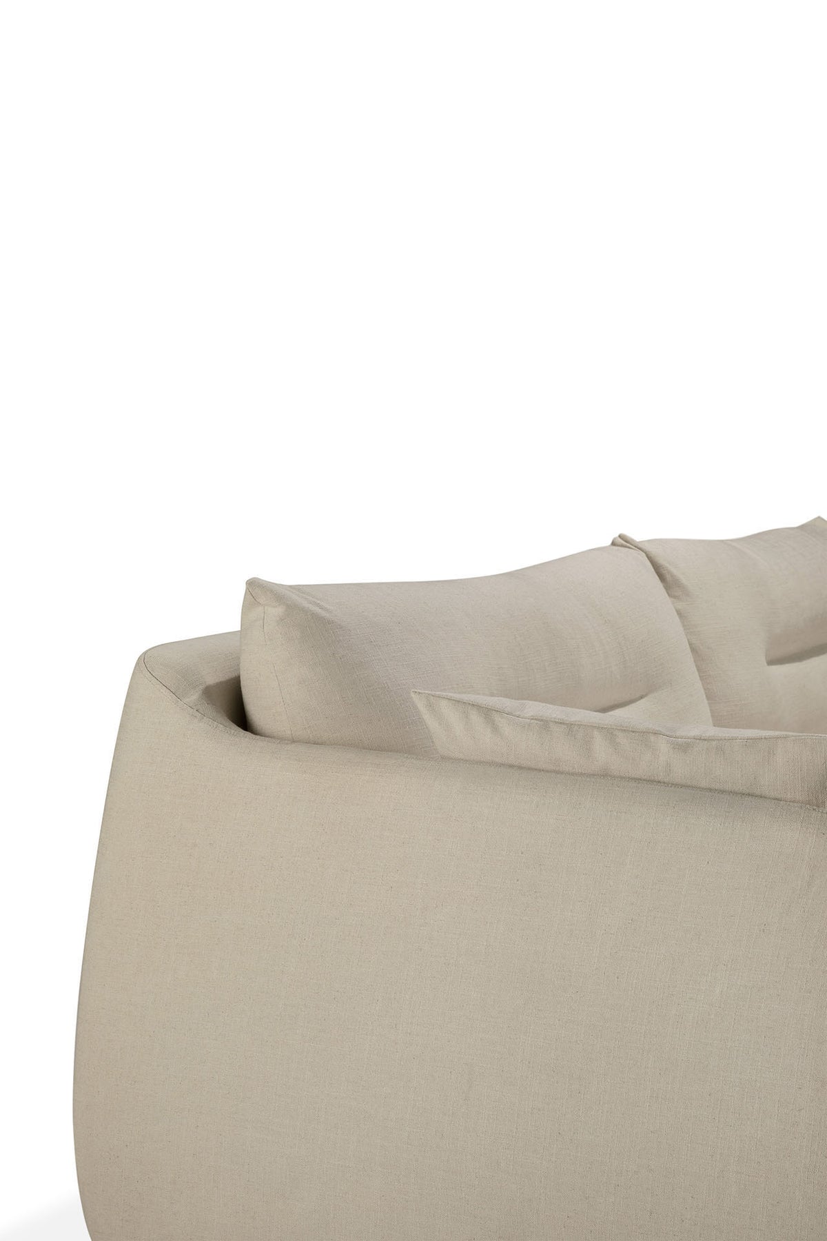 A close-up of the Ethnicraft Weave sofa | 2 Seater Bone, featuring two matching cushions and set against a white background. The image captures the sofa’s smooth, minimalist silhouette from a side angle, emphasizing its refined Ethnicraft design and sophisticated bone-colored linen-blend upholstery.
