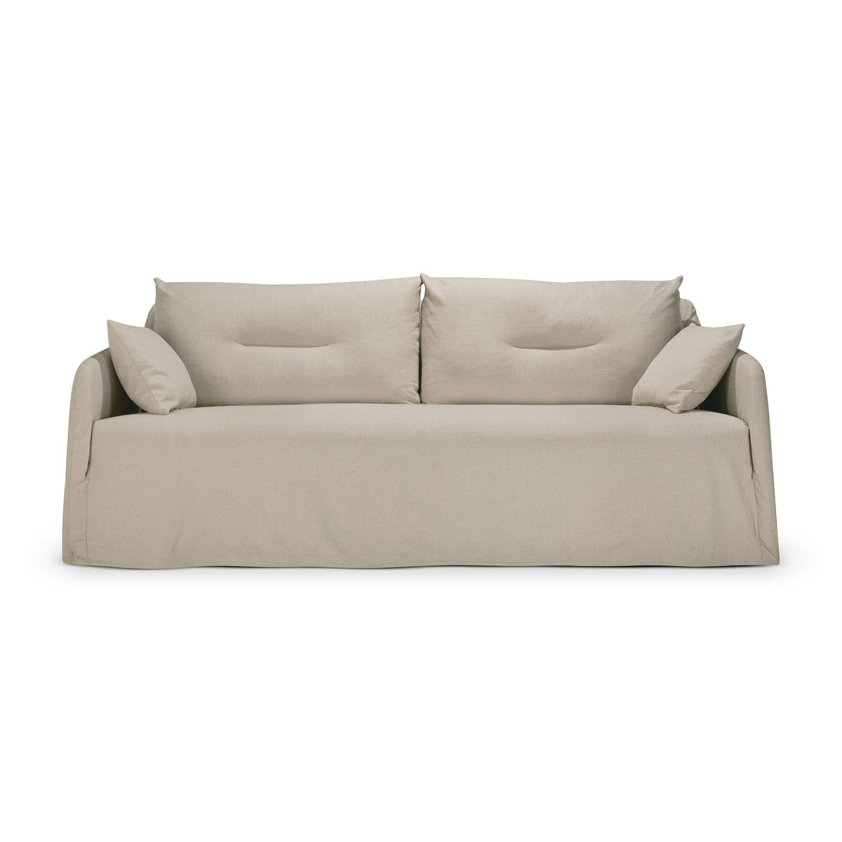 A bone-colored, two-seater Ethnicraft Weave sofa featuring two large back cushions and two side pillows. The sofa showcases a minimalistic design with linen-blend upholstery and a removable slipcover that drapes loosely over the base, extending to the floor.