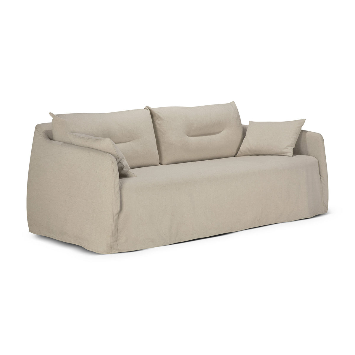 The Ethnicraft Weave sofa | 2 Seater Bone is a modern beige sofa with a minimalist design, showcasing plush cushions and armrests against a white backdrop. Upholstered in durable linen-blend fabric with a removable slipcover, this piece combines style and practicality for contemporary living spaces.