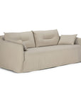 The Ethnicraft Weave sofa | 2 Seater Bone is a modern beige sofa with a minimalist design, showcasing plush cushions and armrests against a white backdrop. Upholstered in durable linen-blend fabric with a removable slipcover, this piece combines style and practicality for contemporary living spaces.