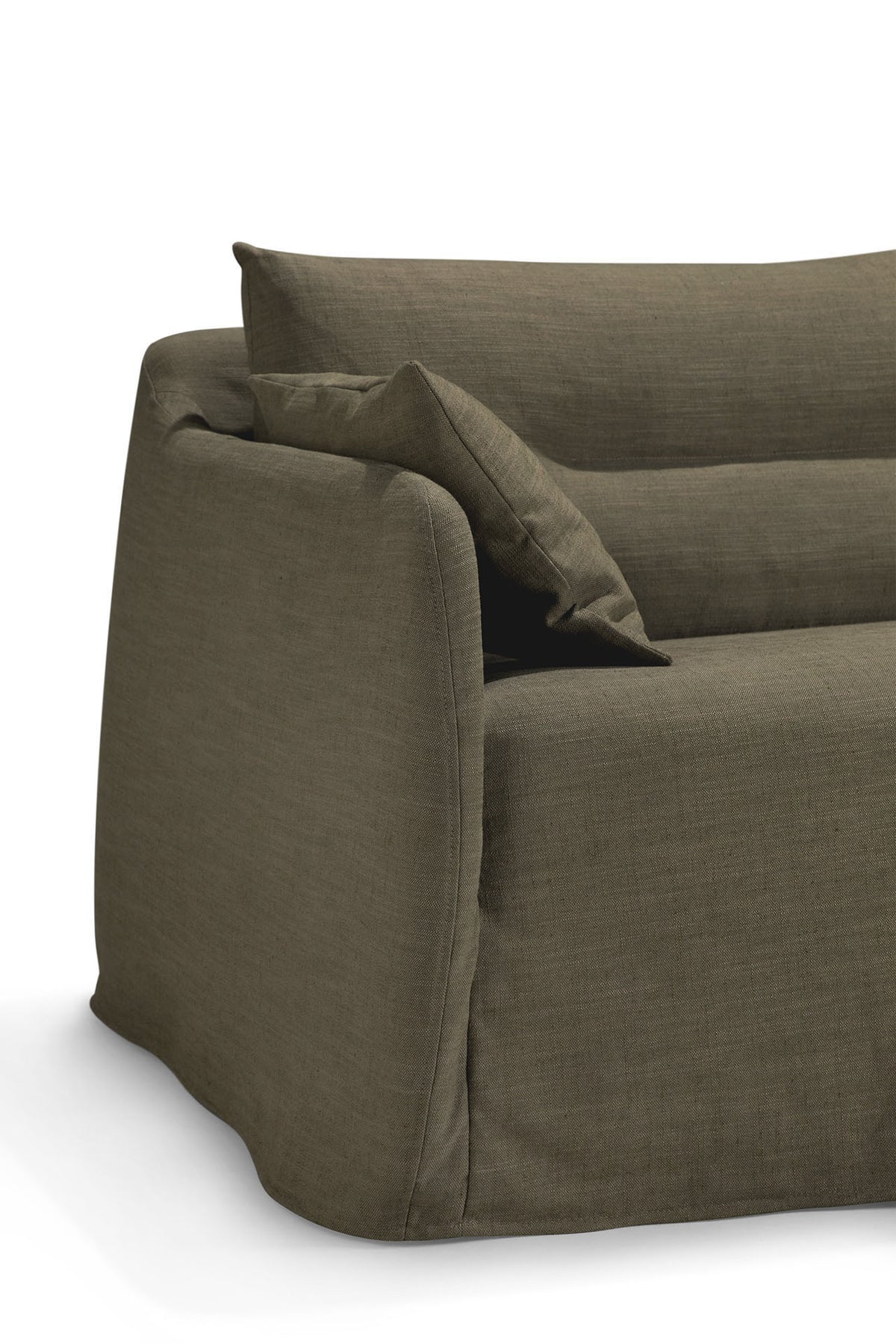 A close-up of the Ethnicraft Weave Sofa | 2 Seater Green showcases its modern olive green fabric upholstery with a matching cushion, soft rounded edges, and a relaxed slipcovered design set against a plain white background.