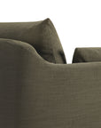 Close-up view of the top corner of the Ethnicraft Weave Sofa | 2 Seater Green, showcasing its dark olive green textured fabric upholstery, with the armrest and backrest visible against a white background.
