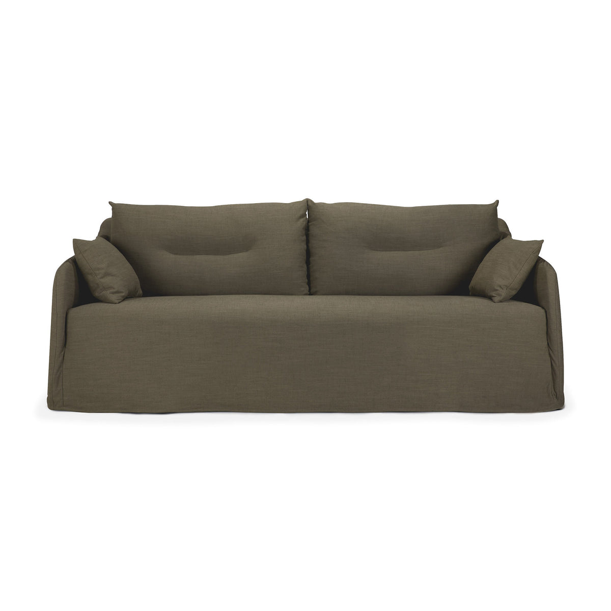 The Ethnicraft Weave Sofa | 2 Seater Green is a modern dark olive green sofa featuring two large back cushions and two side pillows, a simple, smooth design, and low armrests.