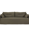 The Ethnicraft Weave Sofa | 2 Seater Green is a modern dark olive green sofa featuring two large back cushions and two side pillows, a simple, smooth design, and low armrests.