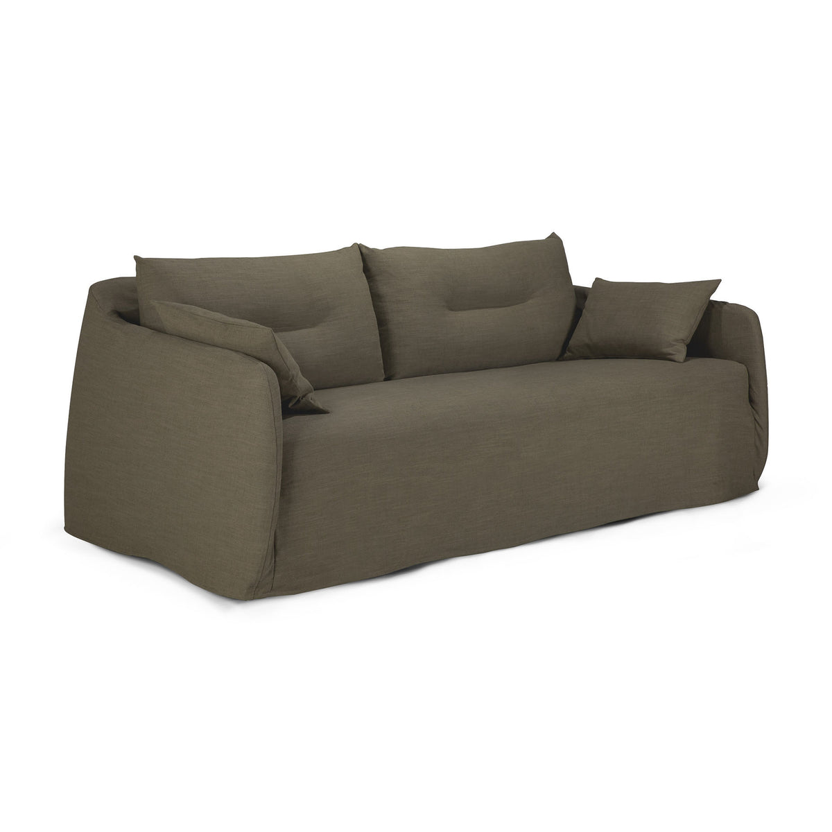 A contemporary Weave Sofa | 2 Seater Green by Ethnicraft, featuring an olive green fabric upholstery with two seat cushions, two back pillows, and matching armrest cushions, displayed against a white background.