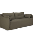 A contemporary Weave Sofa | 2 Seater Green by Ethnicraft, featuring an olive green fabric upholstery with two seat cushions, two back pillows, and matching armrest cushions, displayed against a white background.