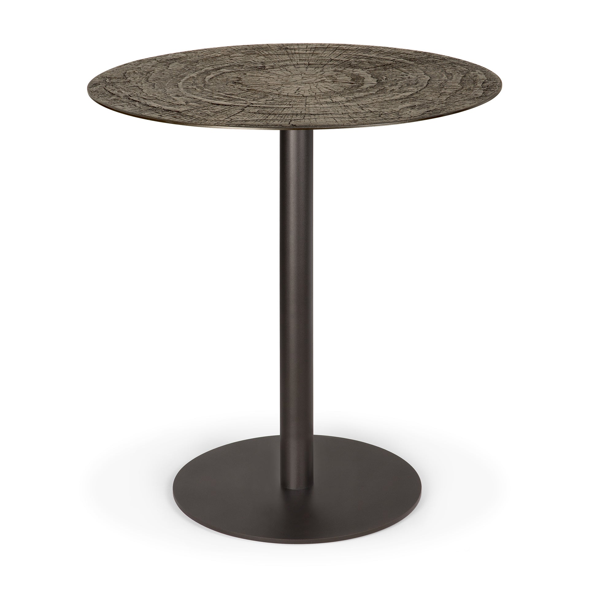 The Blend Dining Table - Ray Whisky by Ethnicraft features a small, round, textured wood-like top and sturdy dark metal pedestal base. Ideal for commercial spaces, interchangeable tops add versatility while the rustic finish contrasts with the sleek base.