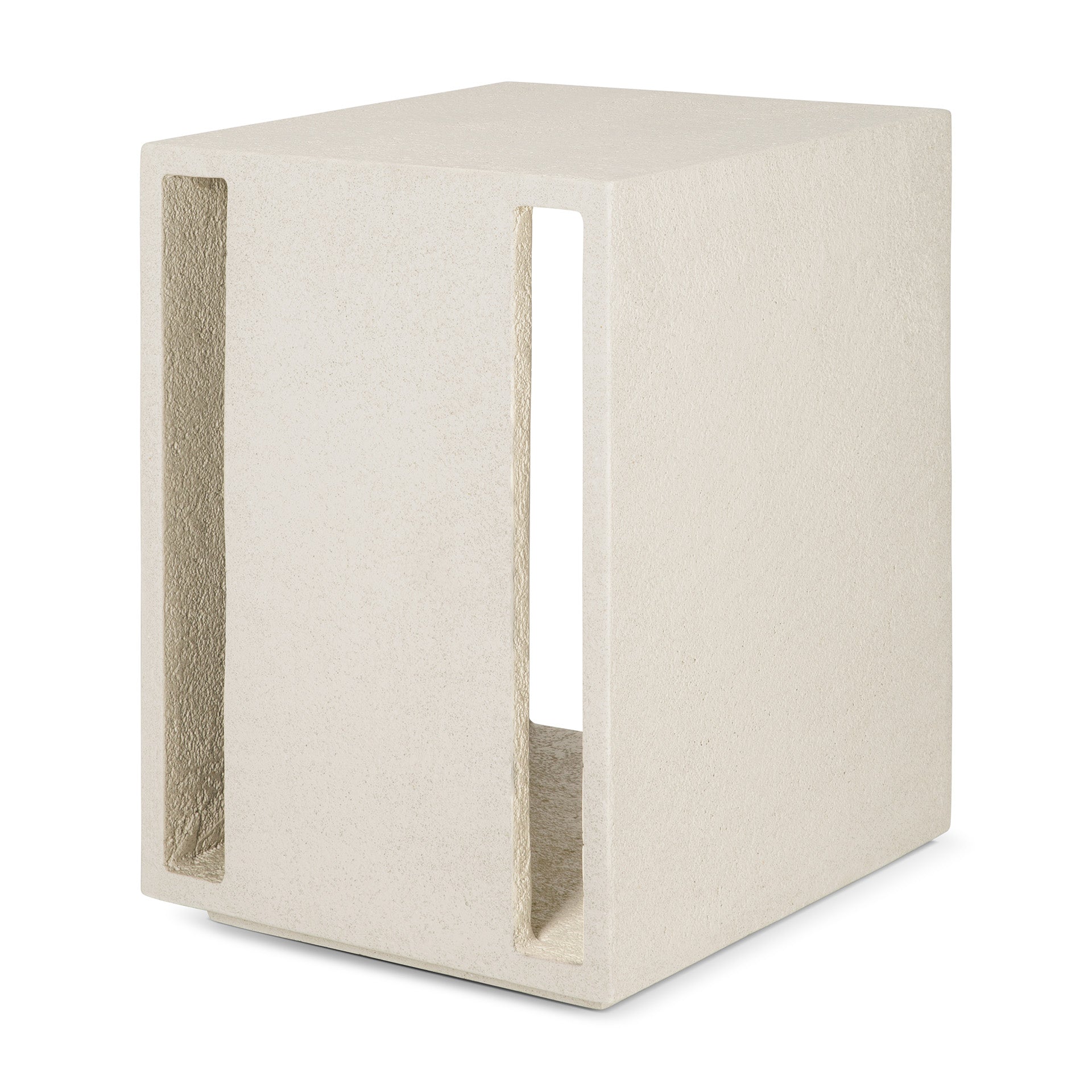 The Elements Bedside Table by Ethnicraft is a modern, rectangular off-white side table in tactile microcement with a textured surface and two vertical rectangular cutouts on opposite sides.