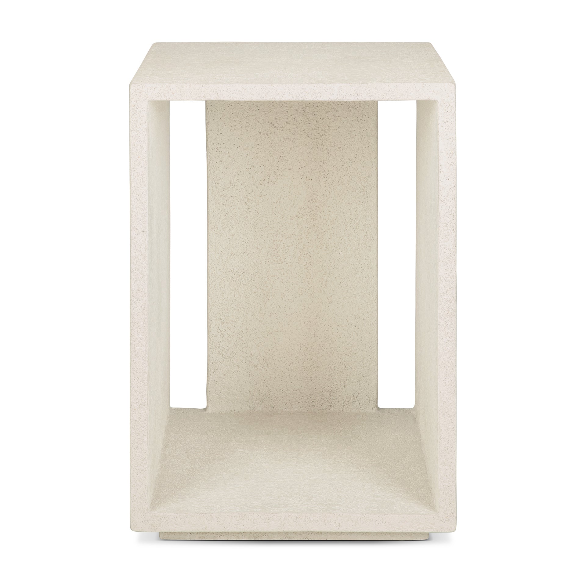 The Ethnicraft Elements Bedside Table features a minimalist rectangular design with an off-white microcement finish, clean lines, an open center, and a modern geometric look.
