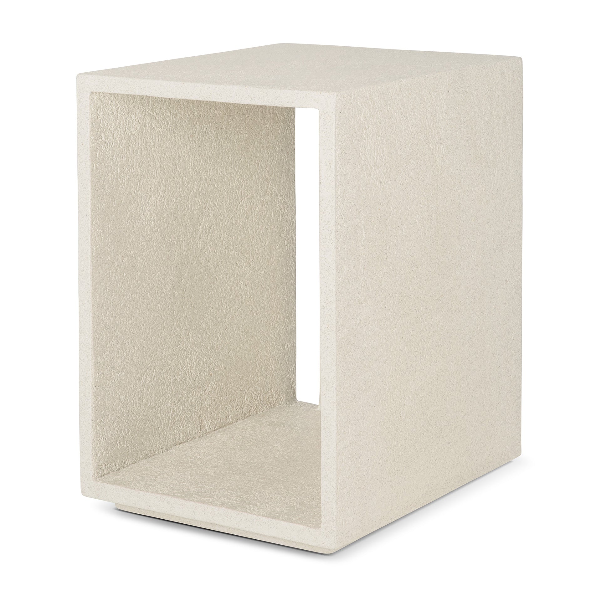The Ethnicraft Elements Bedside Table is a rectangular, open-sided light beige concrete piece with a hollow center and textured microcement finish, shown against a white background.