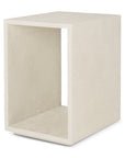 The Ethnicraft Elements Bedside Table is a rectangular, open-sided light beige concrete piece with a hollow center and textured microcement finish, shown against a white background.