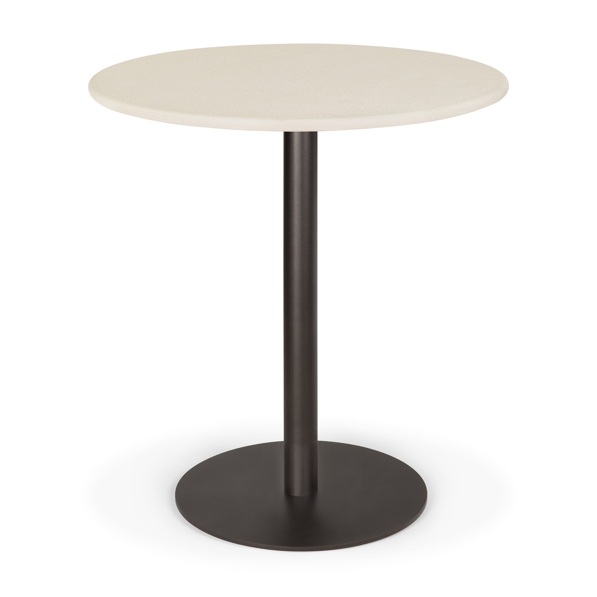 The Blend Dining Table - Microcement by Ethnicraft features a light-toned round top, a single black central pedestal, and a circular black base.