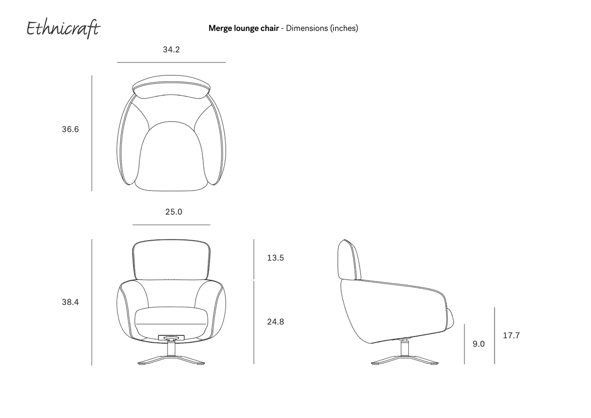 Line drawing showing the dimensions in inches of the Ethnicraft Merge Lounge Chair in top, front, and side views.