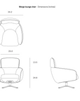 Line drawing showing the dimensions in inches of the Ethnicraft Merge Lounge Chair in top, front, and side views.