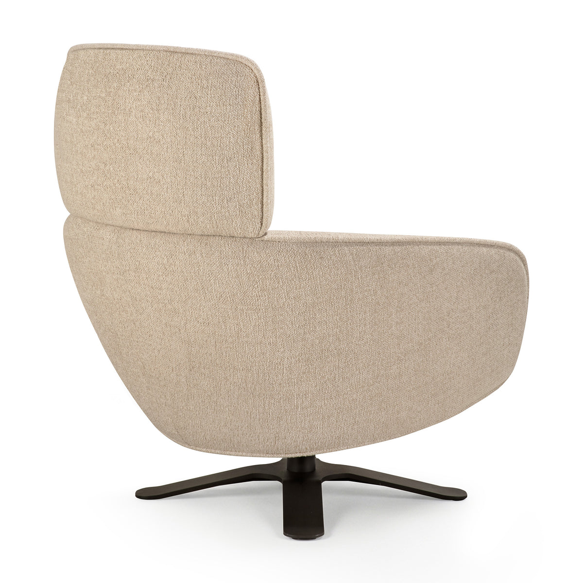 Back view of a beige upholstered Ethnicraft Merge Lounge Chair with a high backrest and a black four-pronged swivel base.