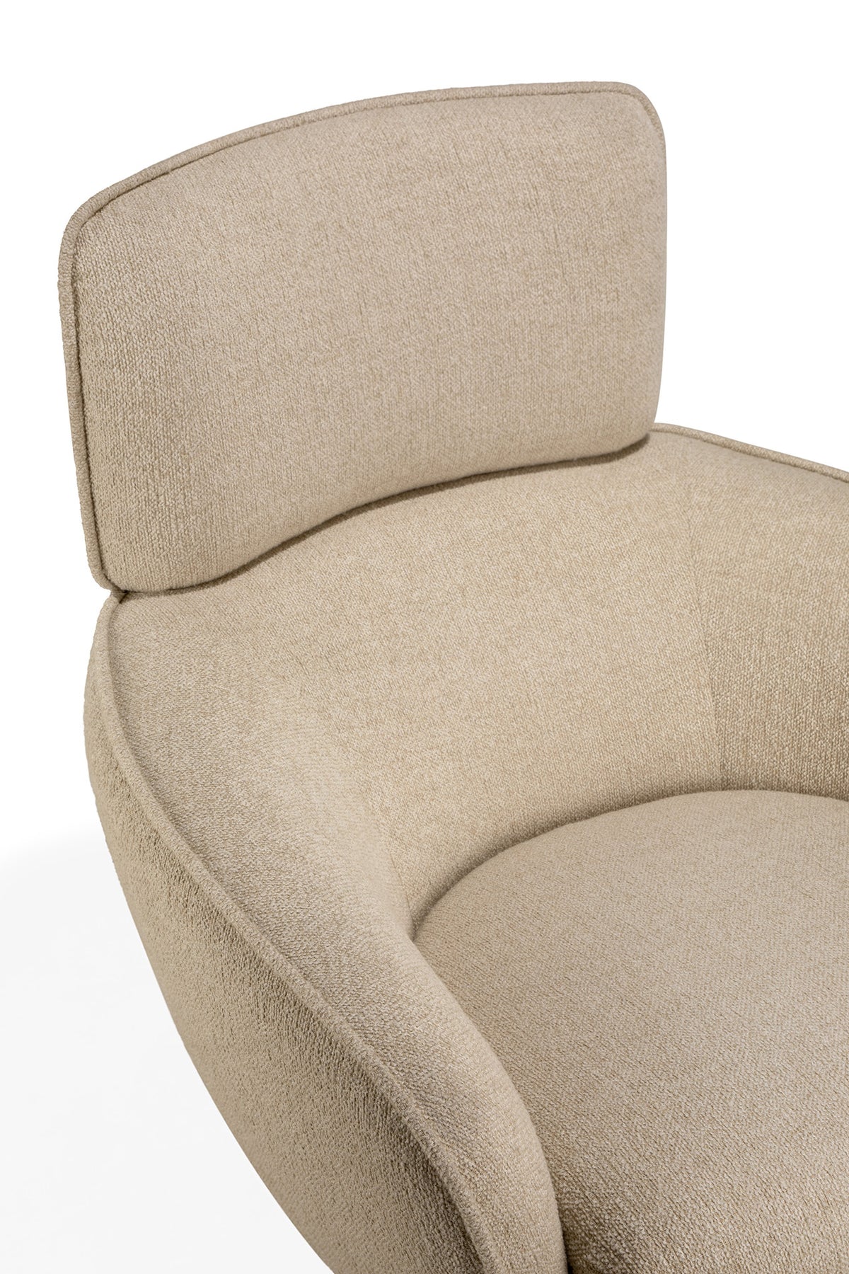 Ethnicraft Merge lounge chair upholstered in beige, featuring a rounded backrest and curved arms for contemporary interiors.