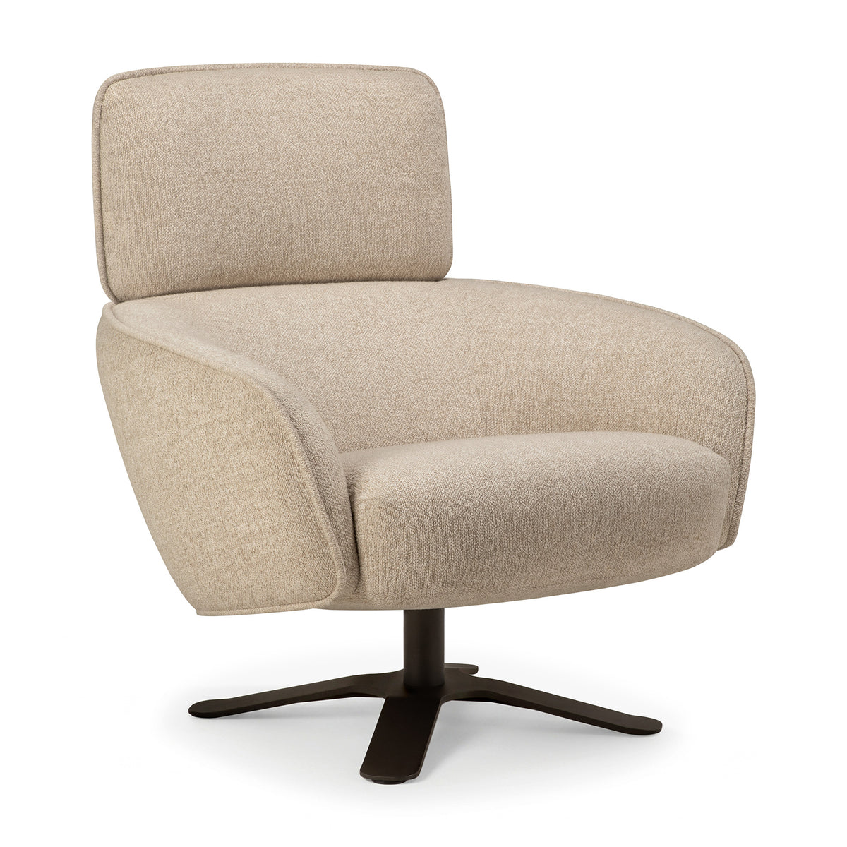 Beige upholstered Merge Lounge Chair by Ethnicraft with a low back and a dark four-pronged swivel base.