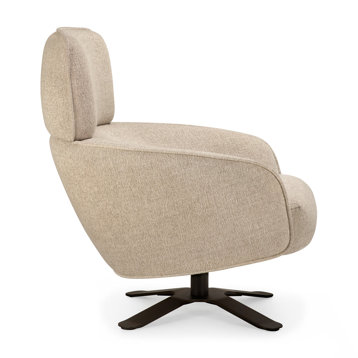 Ethnicraft Merge Lounge Chair upholstered in beige fabric, featuring a high back and a black metal swivel base suitable for contemporary interiors.