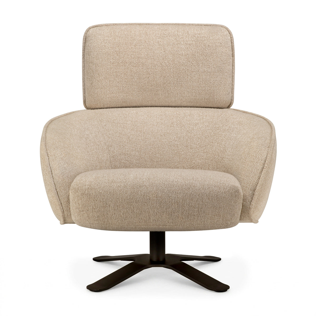 Beige Ethnicraft Merge Lounge Chair with a high backrest and a black four-point swivel base, suitable for contemporary interiors.