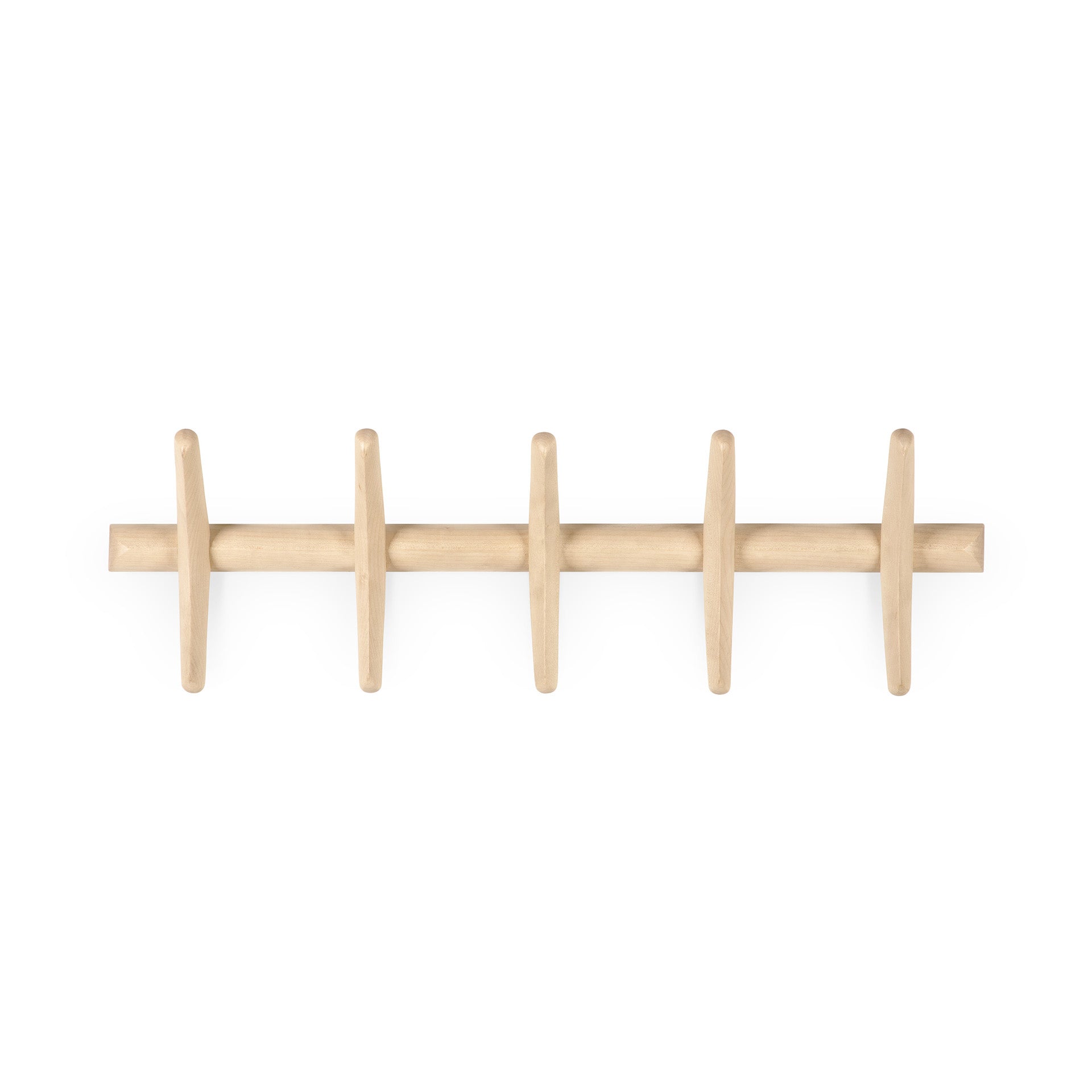 The Ethnicraft PI Wall Coat Rack is a handmade, minimal design piece crafted from solid sycamore. It features a horizontal bar with five evenly spaced vertical pegs and is photographed against a white background.
