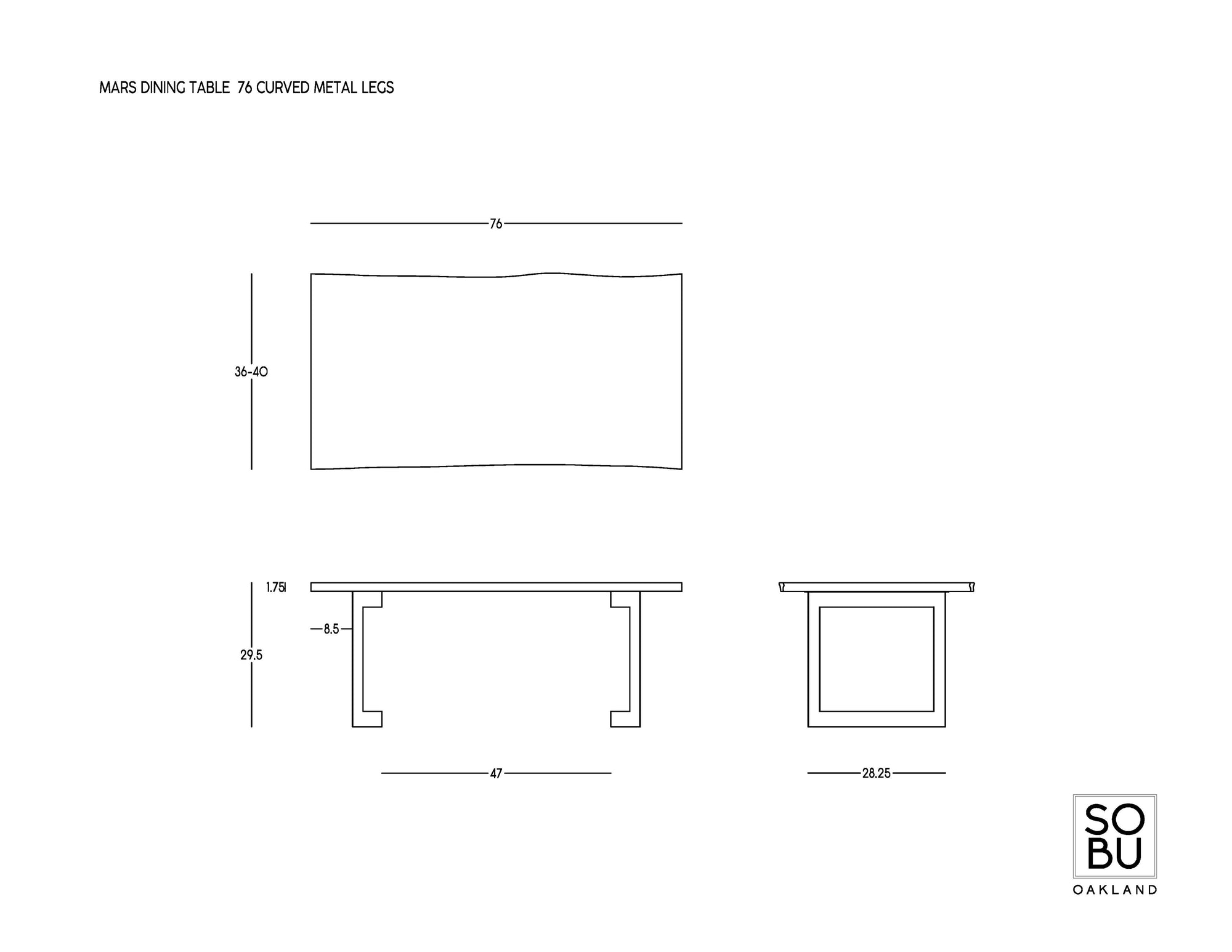 Line drawing of the Mars Live Edge Dining Table - Walnut with Curved Leg by SOBU, shown from top, side, and end views with dimensions. SOBU logo appears in the bottom right corner.