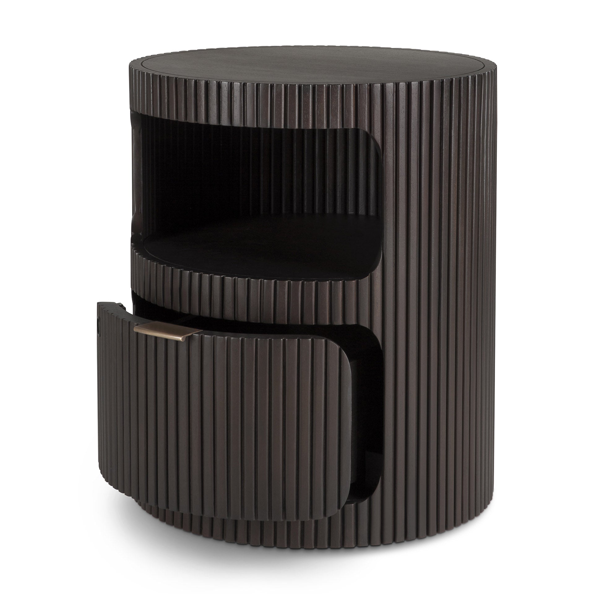 The Ethnicraft Boomerang Drawer Unit is a round, dark brown mahogany nightstand with vertical grooves, an open center shelf, and a curved lower drawer slightly open.